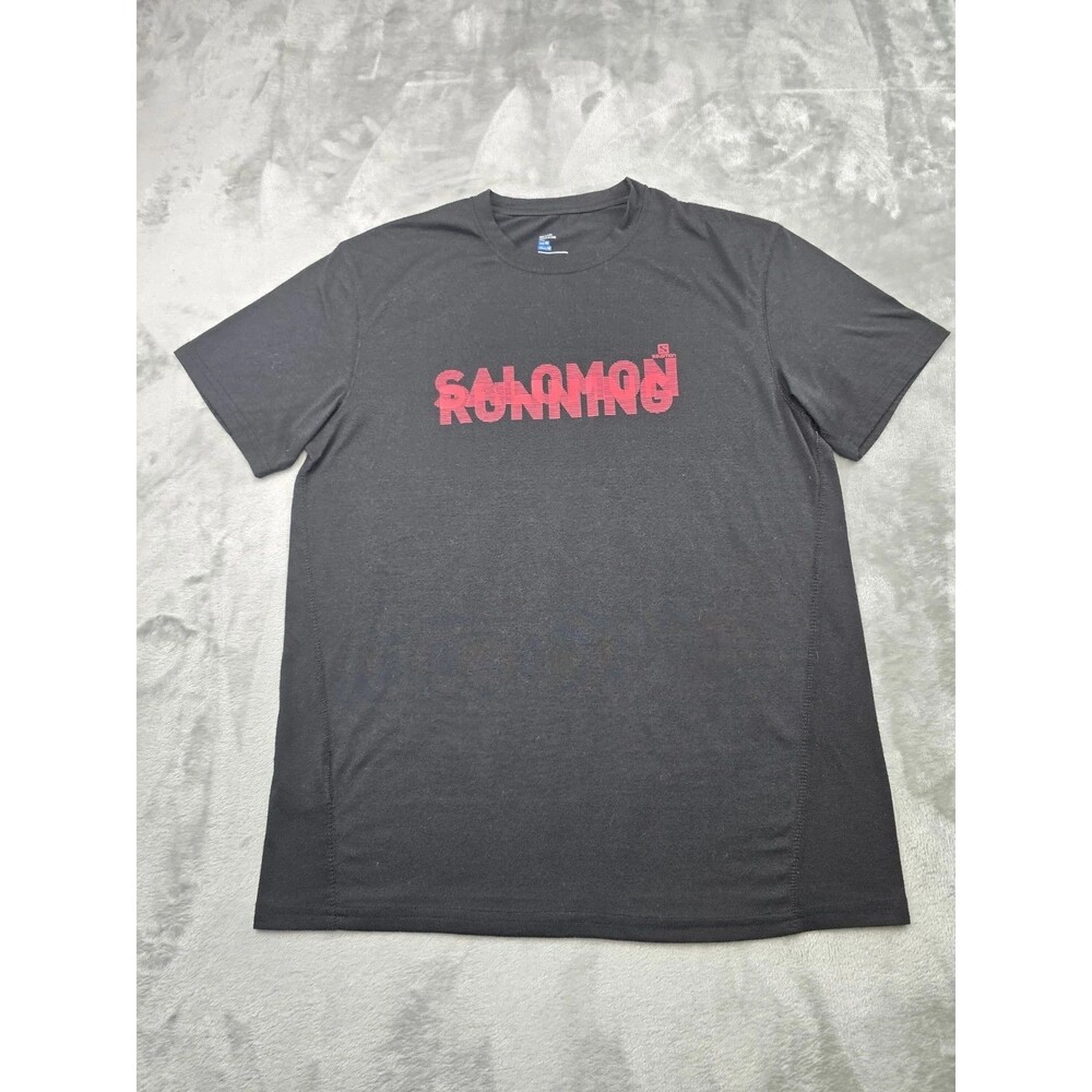 Salomon Running Shirt Mens Medium Black Red Graphic Tee Short Sleeve Athletic